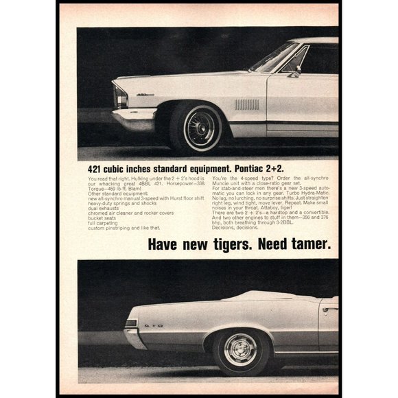 1965 Pontiac GTO 2+2 and Convertible Wide Track Tiger 2 Page Vintage Print Ad - Picture 2 of 3